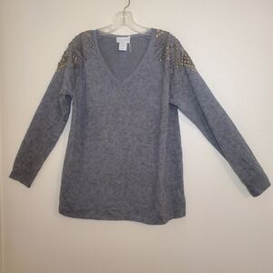 Soft Surroundings Long Sleeve Embellished Womens Blouse Size L 100% Cotton Grey